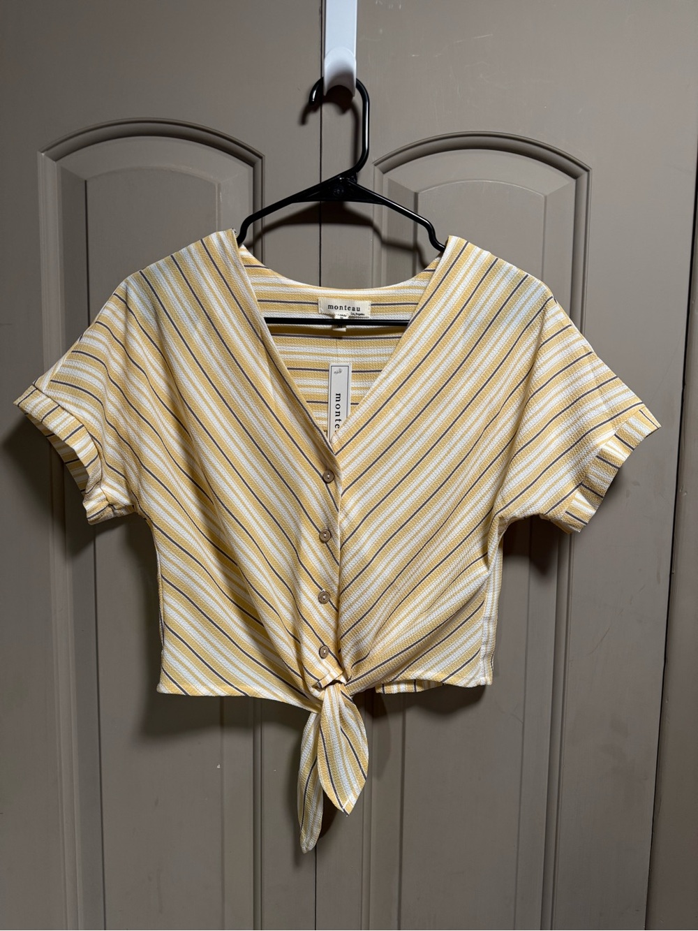 Monteau Yellow & White Striped Tie-Front Crop Shirt
